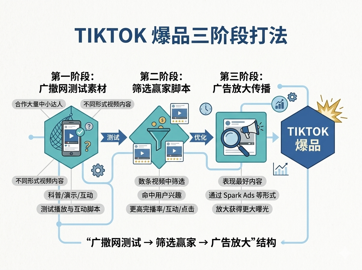 Tiktok爆品三阶段打法图解 Tiktok爆品三阶段打法图解