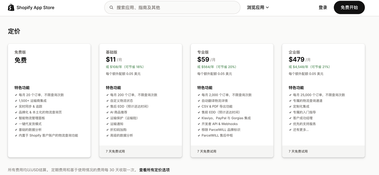 Shopify 物流插件 ParcelWILL 的套餐价格 Shopify 物流插件 ParcelWILL 的套餐价格
