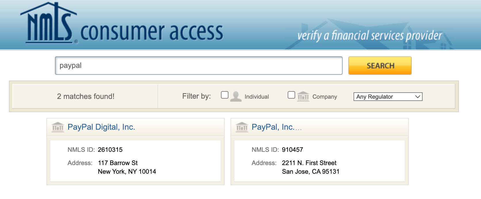 美国NMLS网站查询Paypal牌照